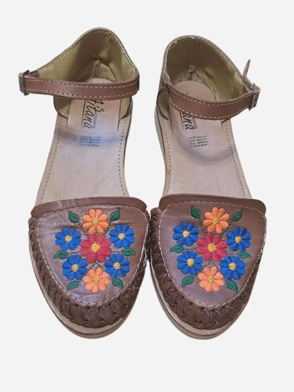 Handcrafted Brown Leather Espadrilles with Floral Embroidery